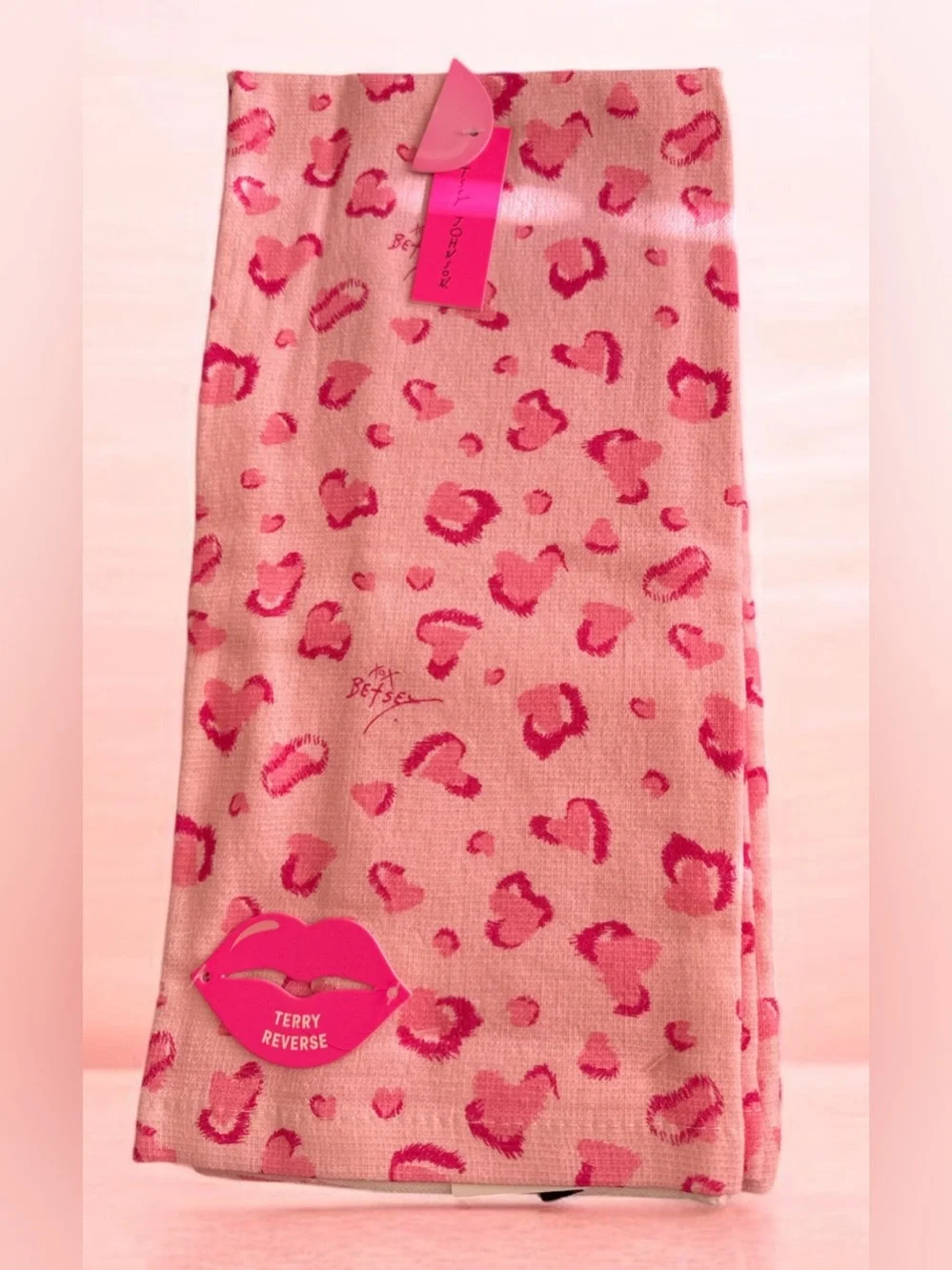 Betsey Johnson Pink Leopard Heart Terry Reversible Scarf - Hot Pink Accents
